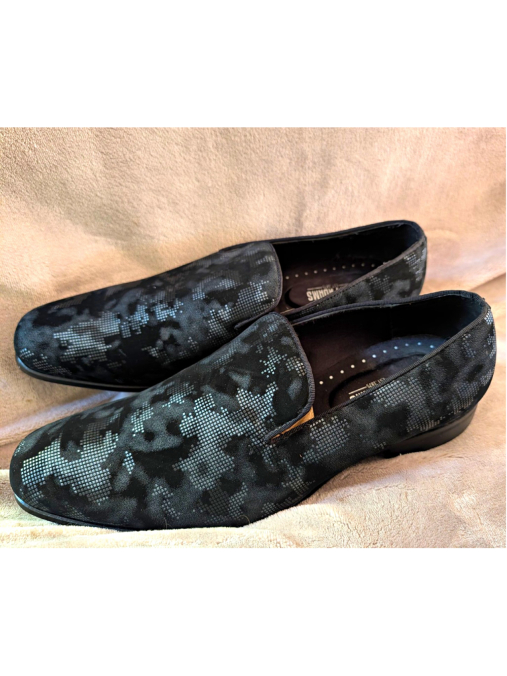 Stacy Adams Men’s 10.5M Black/Gray Camo Satin Slip-On Loafer Almond Toe